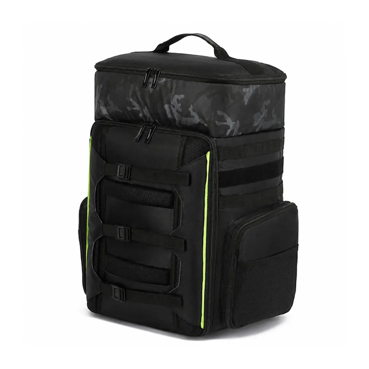 AeroFocus 33L FPV drone backpack left side view with elastic and zippered storage pockets