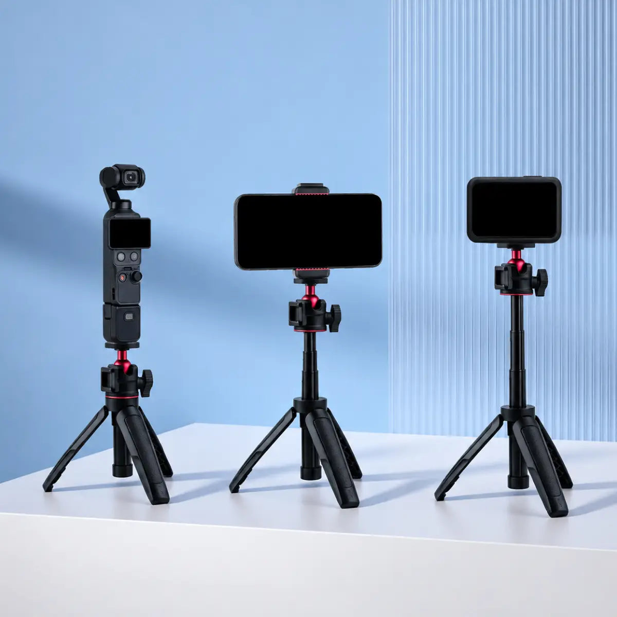 AeroFocus portable tripod selfie stick supporting a lightweight action camera