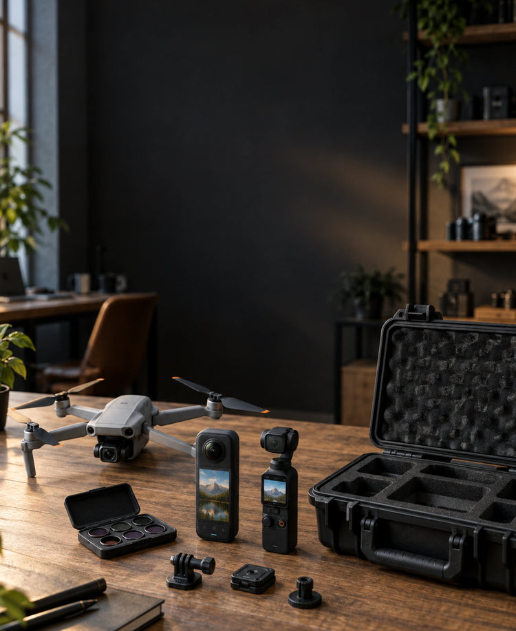AeroFocus B2B accessory solution setup with drone, action cameras and custom carrying case for retailers and distributors
