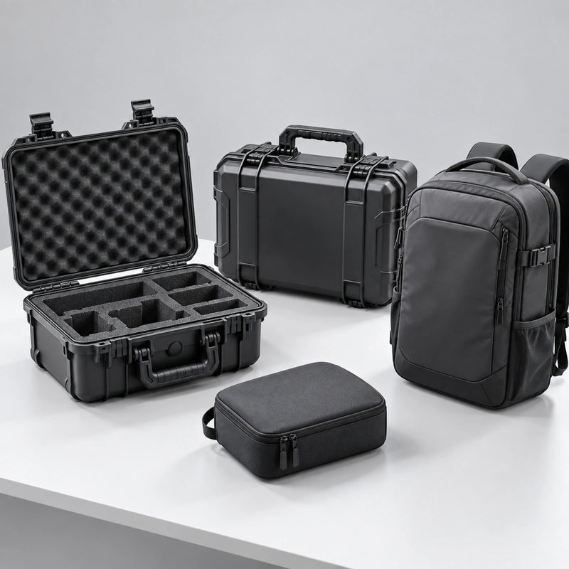 AeroFocus black protective cases, carrying bags and backpacks displayed for B2B sample validation.