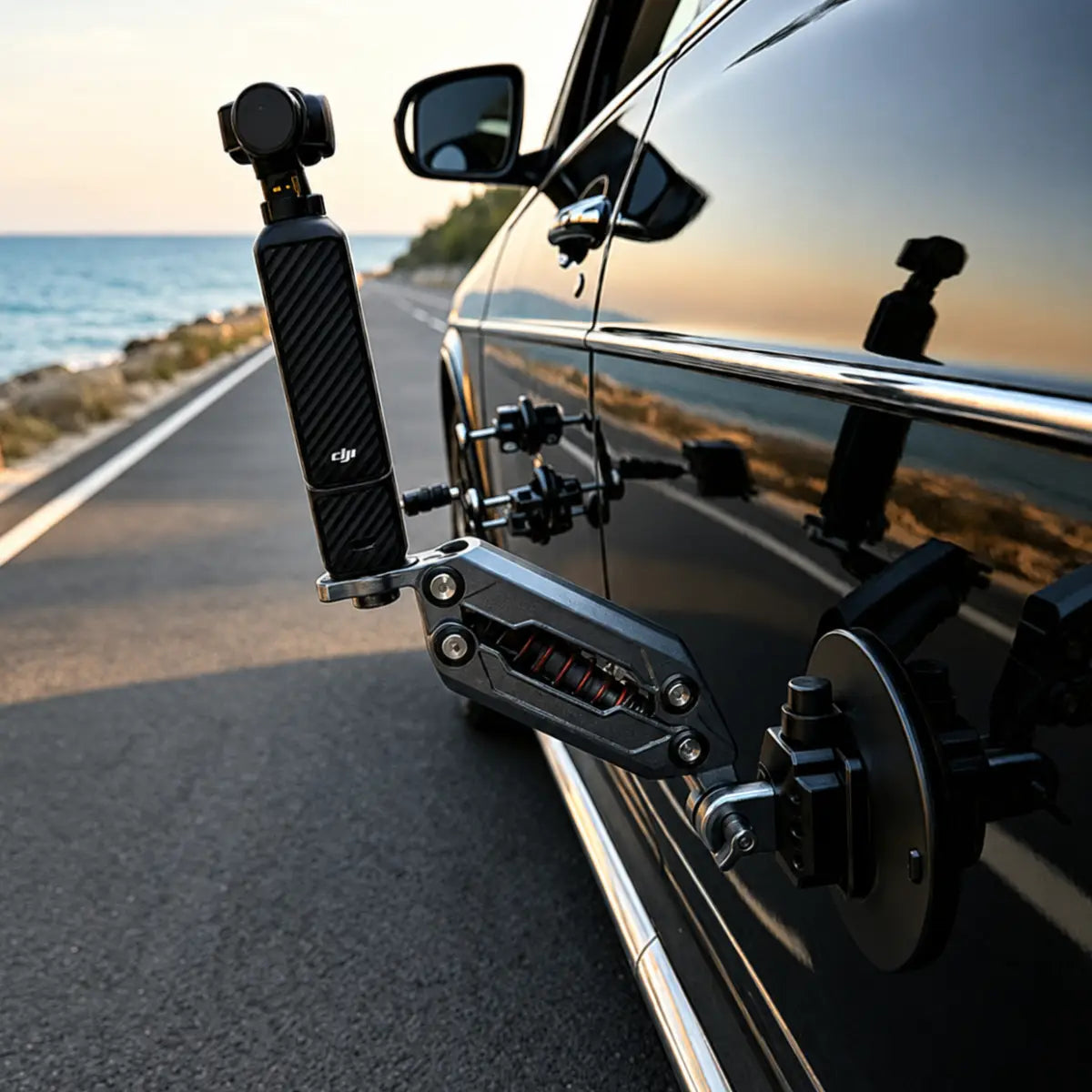 AeroFocus car shock absorber suction mount with DJI Osmo Pocket 4 camera