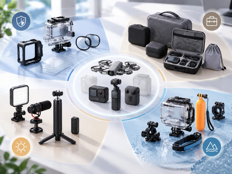 AeroFocus complete accessory ecosystem display featuring organized drone and camera accessories for B2B retail and wholesale solutions