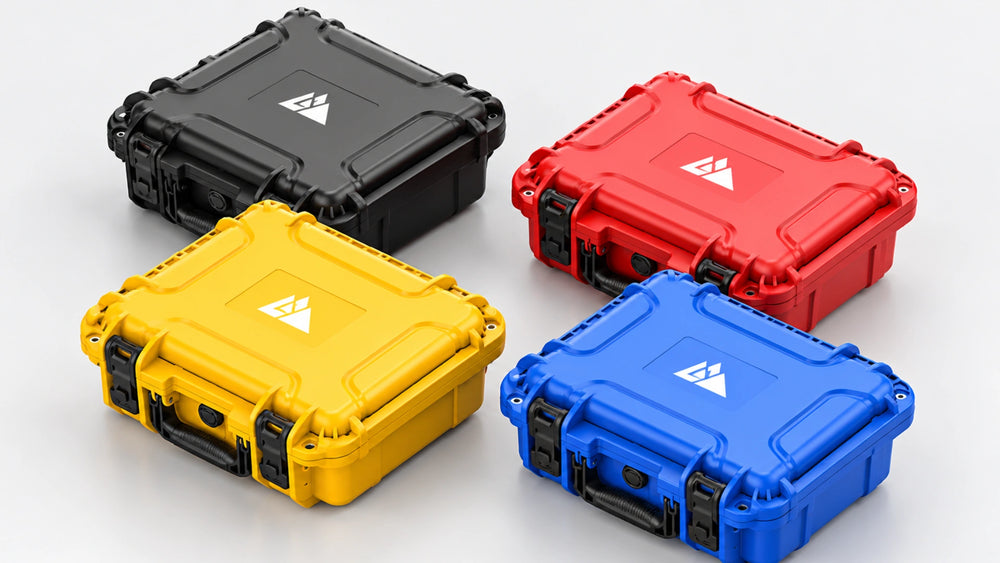 Custom hard protective case color options display showing black, red, yellow and blue case finishes.