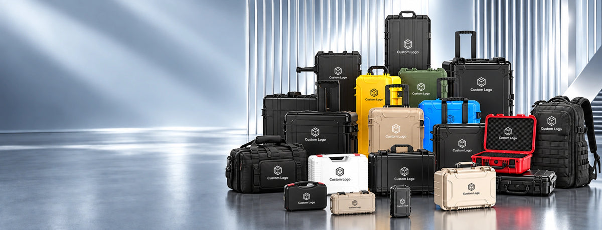AeroFocus custom hard cases, carrying bags and backpacks with white custom logo display in a modern industrial showroom