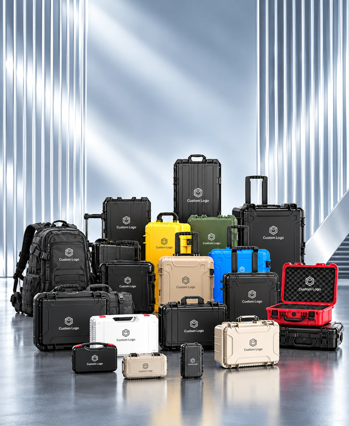 AeroFocus custom hard cases, storage bags and backpacks with visible white custom logo for mobile hero banner
