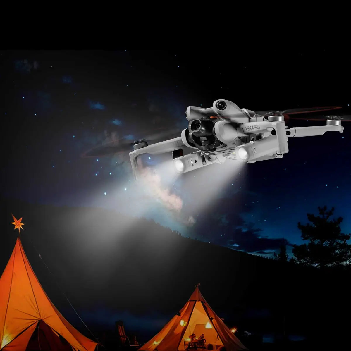 AeroFocus DJI Mini 4 Pro dual searchlight providing auxiliary illumination during a low-light flight
