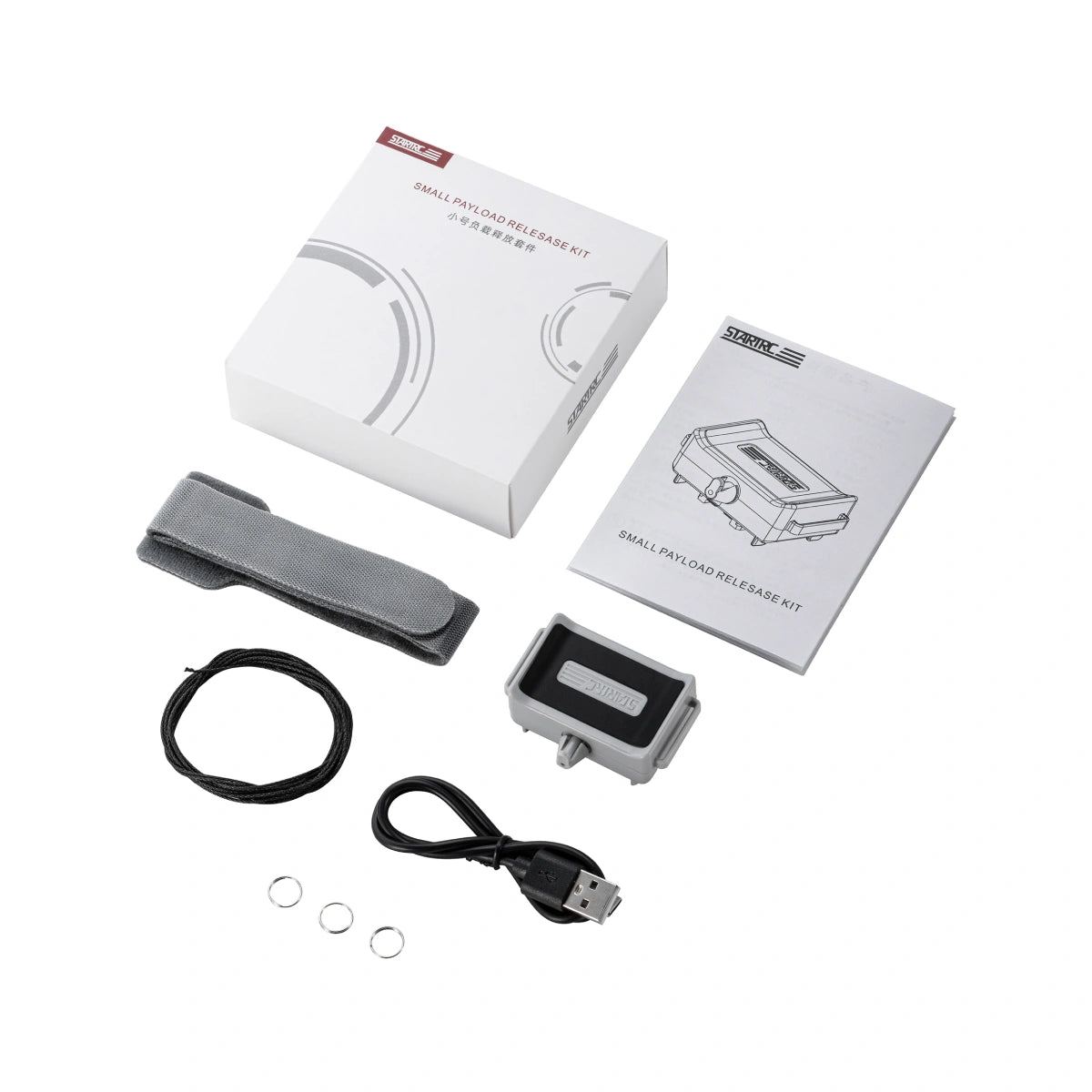 AeroFocus drone airdrop system package with release device, two straps, charging cable, three rings and release line