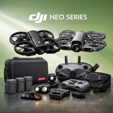 Comprehensive AeroFocus accessory kit for DJI Neo and Neo 2, including propeller guards, battery chargers, and hard cases.