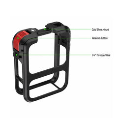 Cold shoe strap hole and 1/4 inch mounting interfaces on the DJI Osmo 360 cage