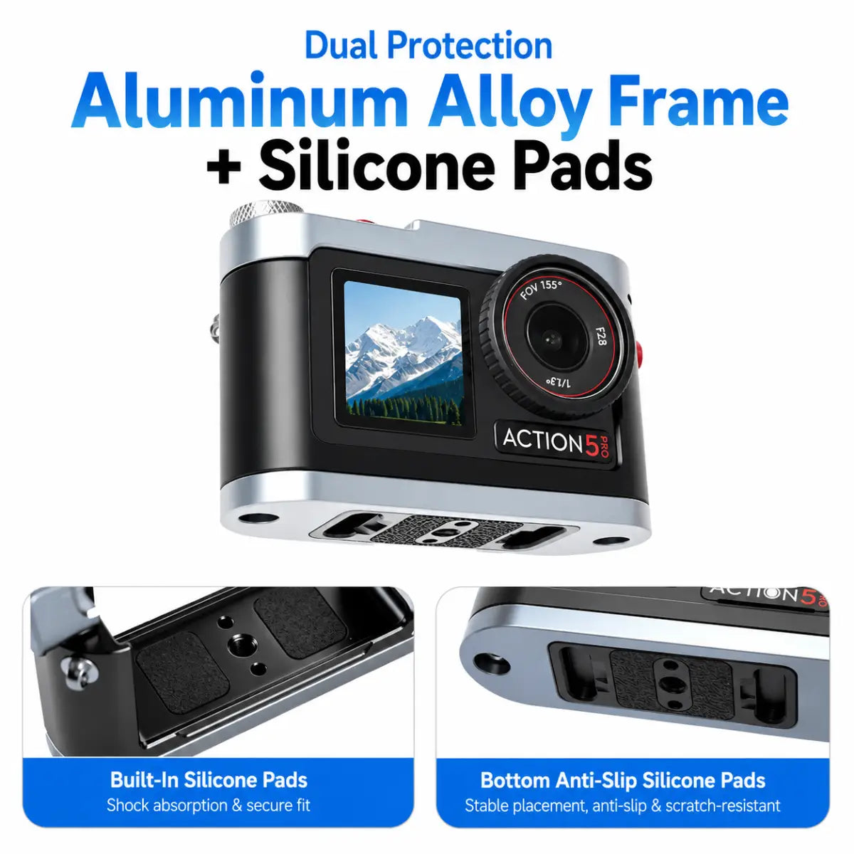 AeroFocus aluminum frame and silicone pads detail on metal cage for DJI Osmo Action 5 Pro Action 4 and Action 3