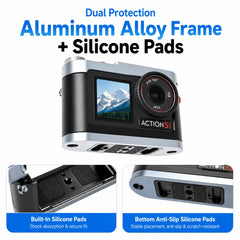 AeroFocus aluminum frame and silicone pads detail on metal cage for DJI Osmo Action 5 Pro Action 4 and Action 3