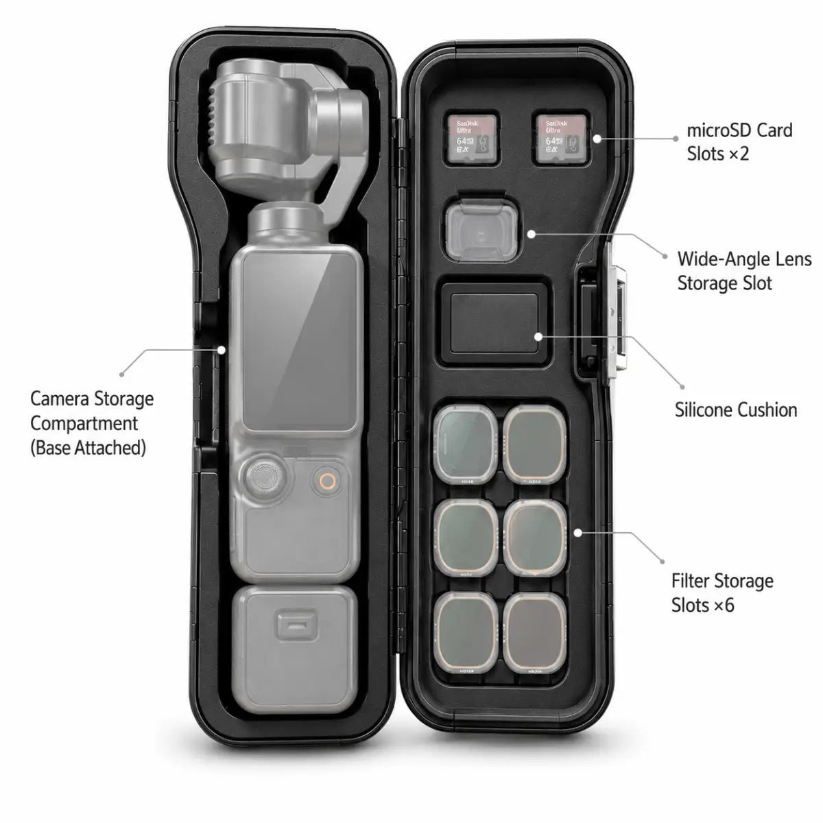 AeroFocus extended DJI Osmo Pocket 3 and 4 case storing the camera, expansion base, filters and microSD cards