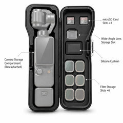 AeroFocus extended DJI Osmo Pocket 3 and 4 case storing the camera, expansion base, filters and microSD cards