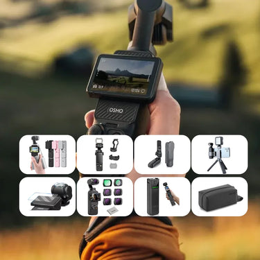 AeroFocus ultimate accessory collection for DJI Osmo Pocket 3, including silicone cases, magnetic ND filters, expansion adapters, and protective carrying bags for creators.