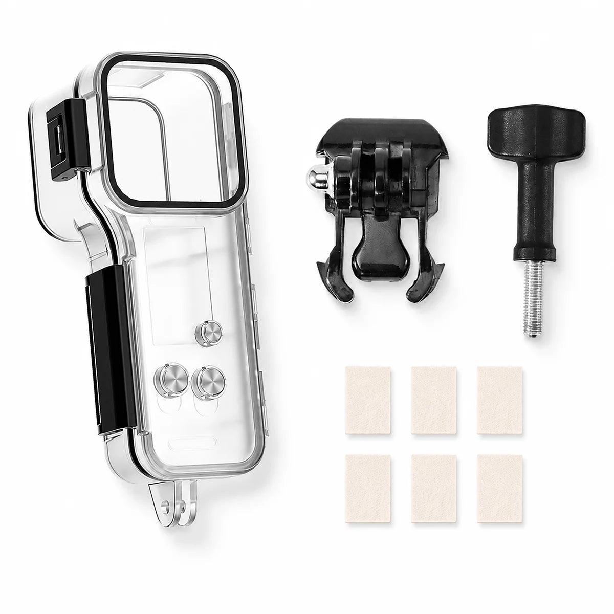 AeroFocus DJI Osmo Pocket 4 waterproof case package list with anti-fog inserts and GoPro mount