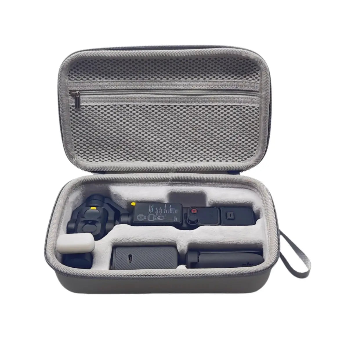 AeroFocus DJI Osmo Pocket 4P carrying case storage layout for camera battery handle tripod and fill light
