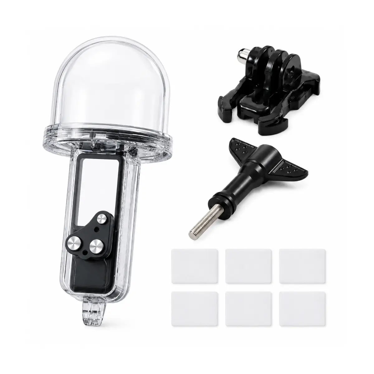 AeroFocus DJI Osmo Pocket 4P waterproof case package list with adapter screw and anti-fog inserts