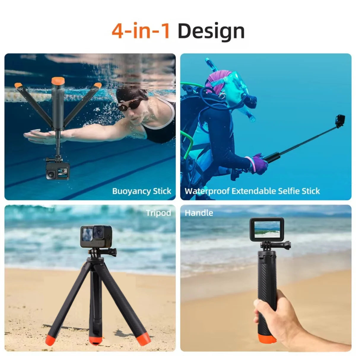 4 in 1 floating stick tripod selfie stick and extension handle for action cameras