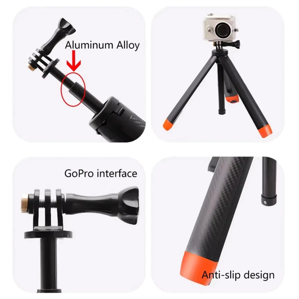 floating selfie stick details with silicone grip aluminum alloy body and adapter