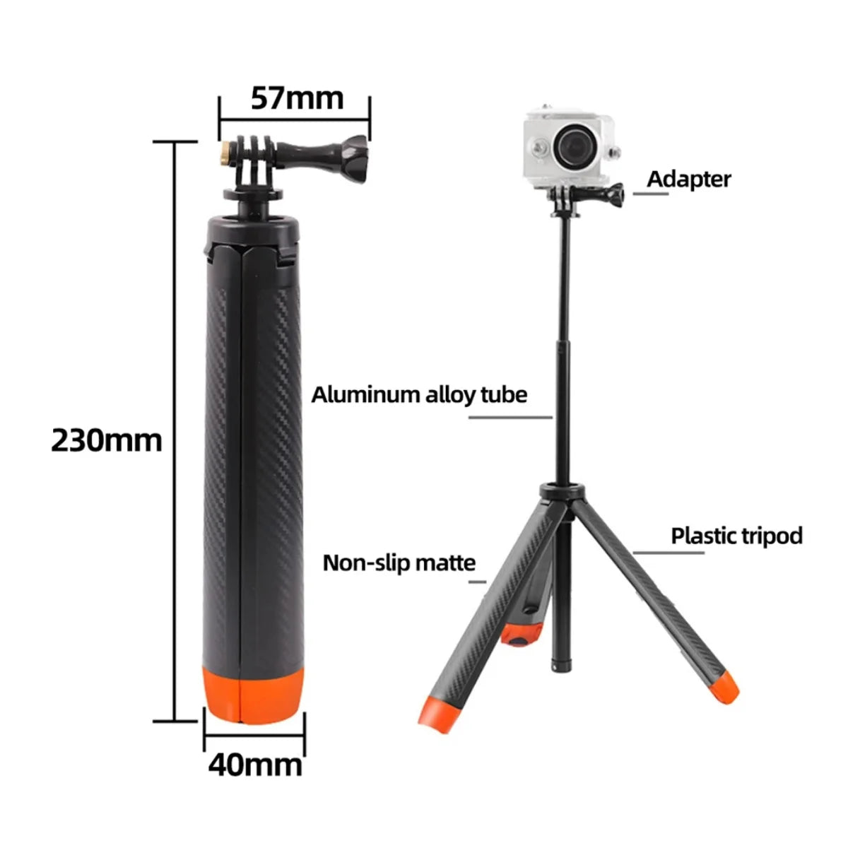 dimensions of floating selfie stick tripod for sports cameras
