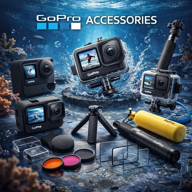 Comprehensive AeroFocus collection of GoPro accessories, featuring waterproof housings, filters, and mounts for Hero 13/12/11.