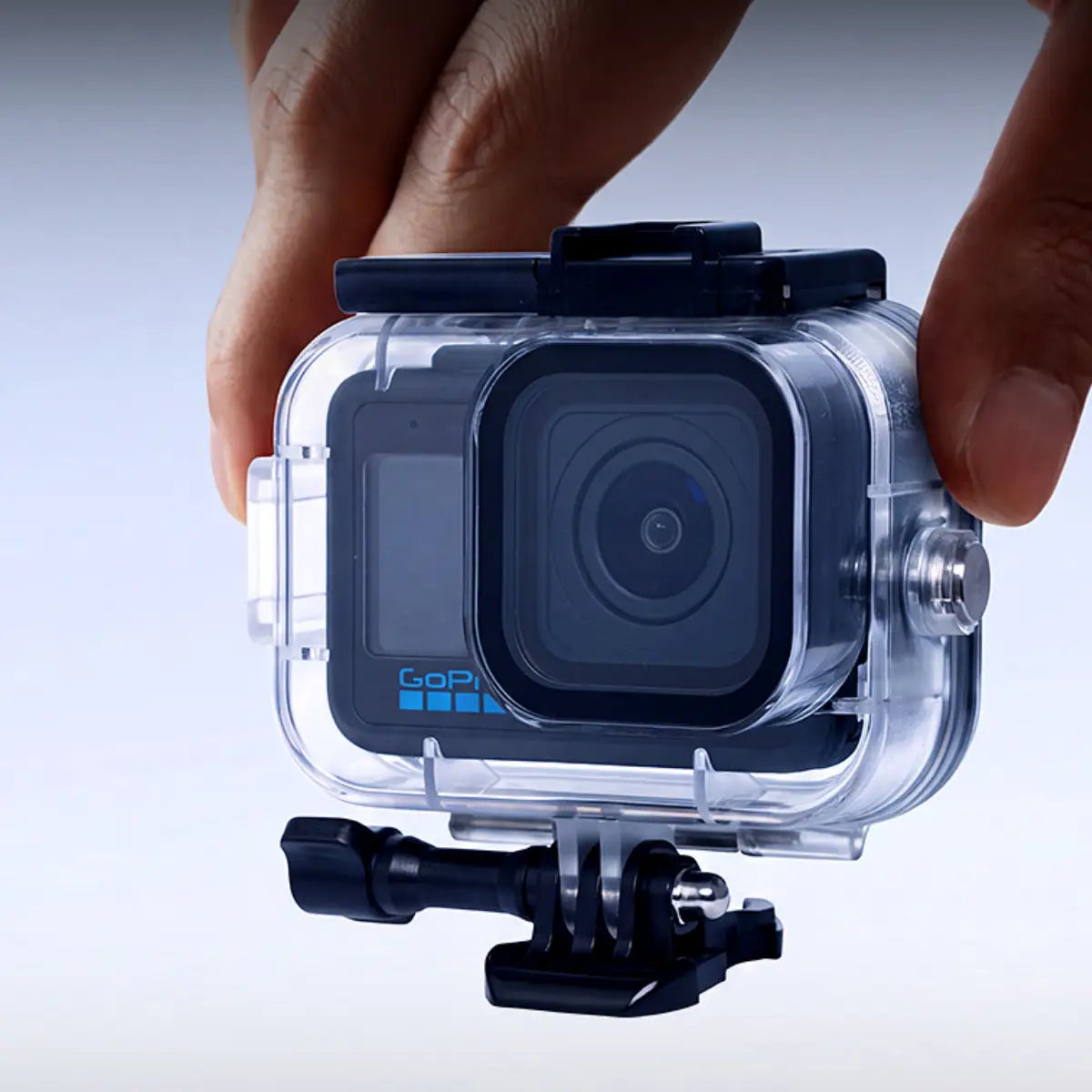 AeroFocus 60m dive housing for GoPro MISSION 1 PRO shown in hand