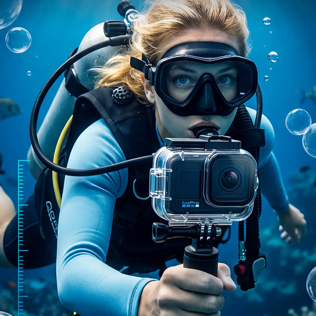 AeroFocus waterproof housing for GoPro MISSION 1 PRO in an underwater diving scene