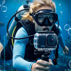 AeroFocus waterproof housing for GoPro MISSION 1 PRO in an underwater diving scene
