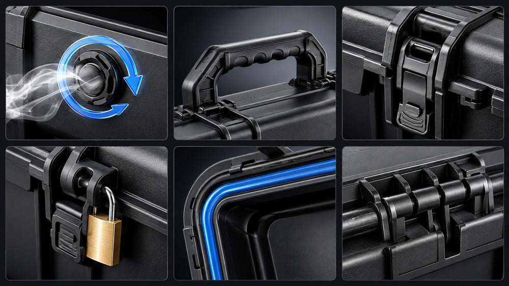 Industrial detail close-ups of a hard protective case including pressure valve, reinforced handle, locking latch, waterproof seal and hinge design.