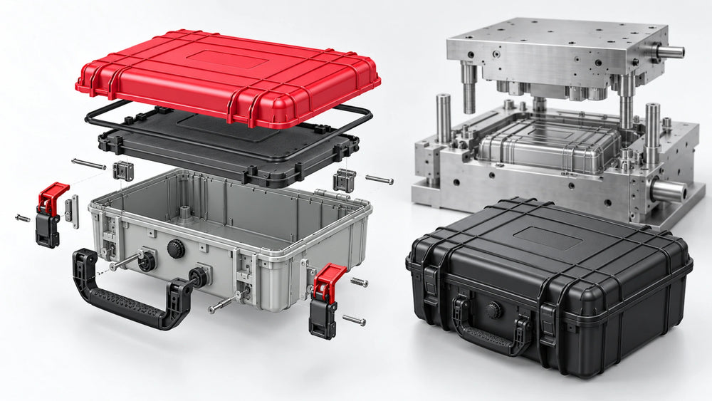 Exploded mold structure view of a custom hard protective case showing concept design and manufacturing components.