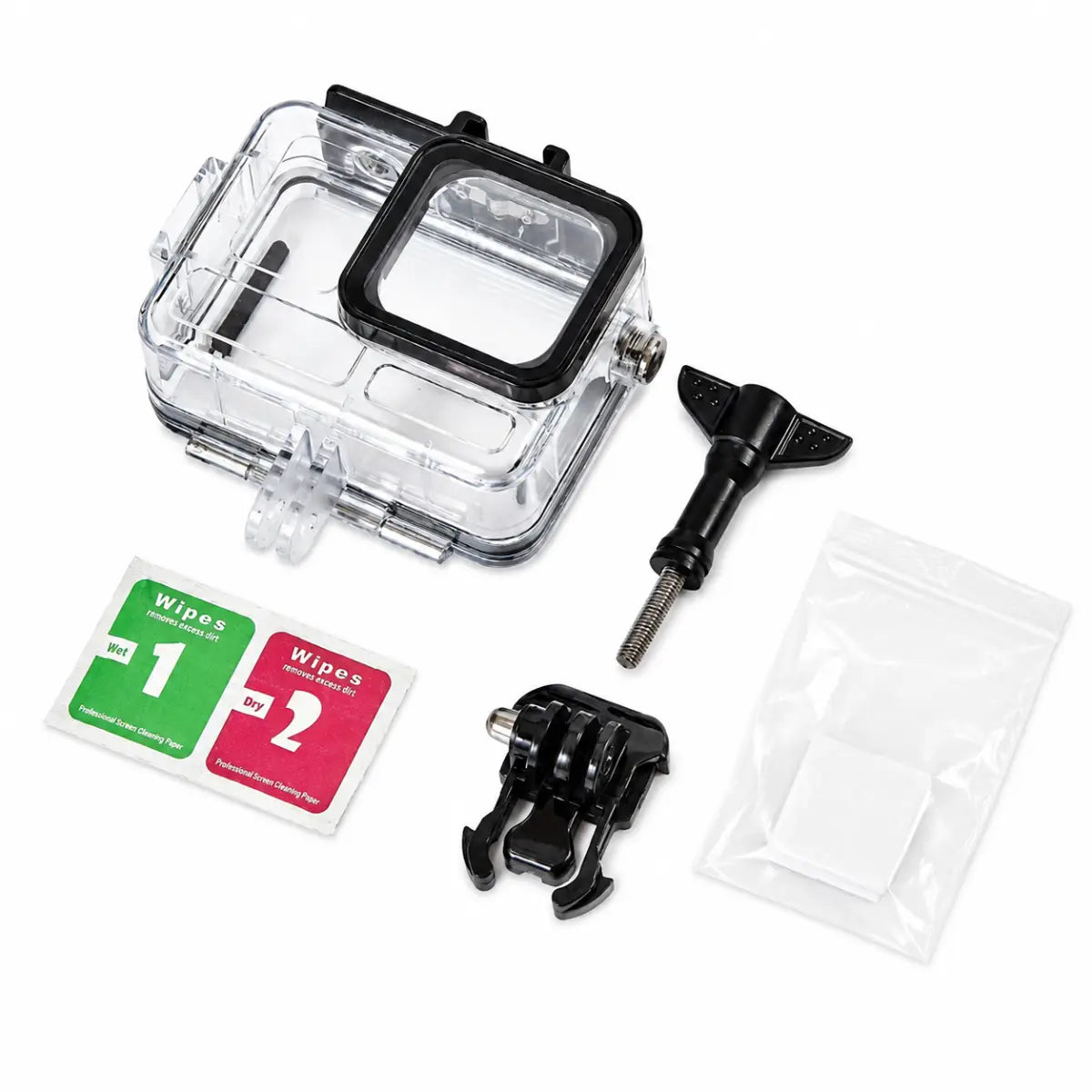 AeroFocus Insta360 Ace Pro 2 dive housing package contents with mounts screws anti-fog inserts and cleaning wipe