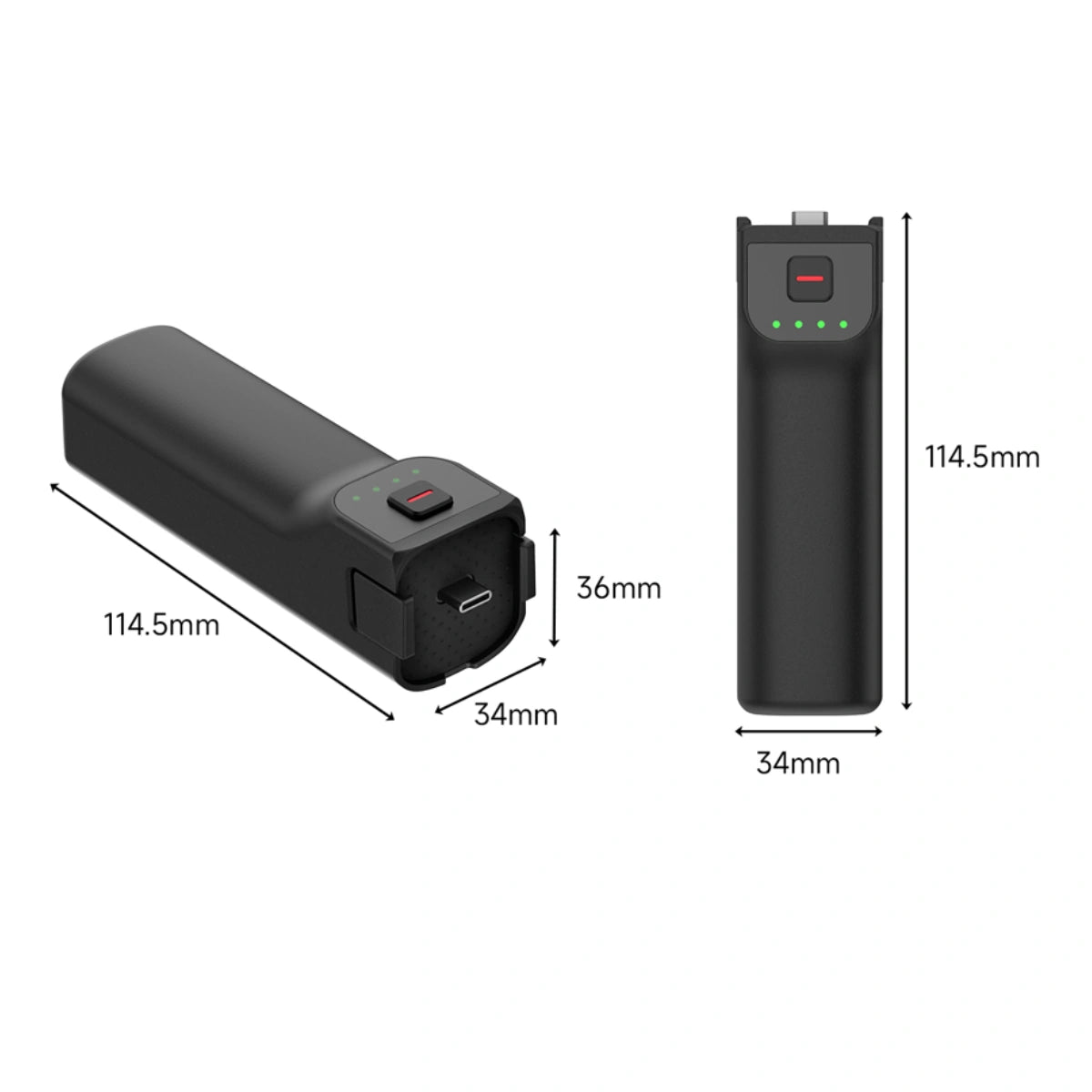 Dimensions of the AeroFocus battery handle for Insta360 Luna Ultra and Luna Pro, approximately 115 × 34 × 36 mm
