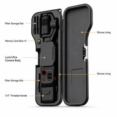 AeroFocus Insta360 Luna Ultra case with built-in storage for compatible filters and memory cards
