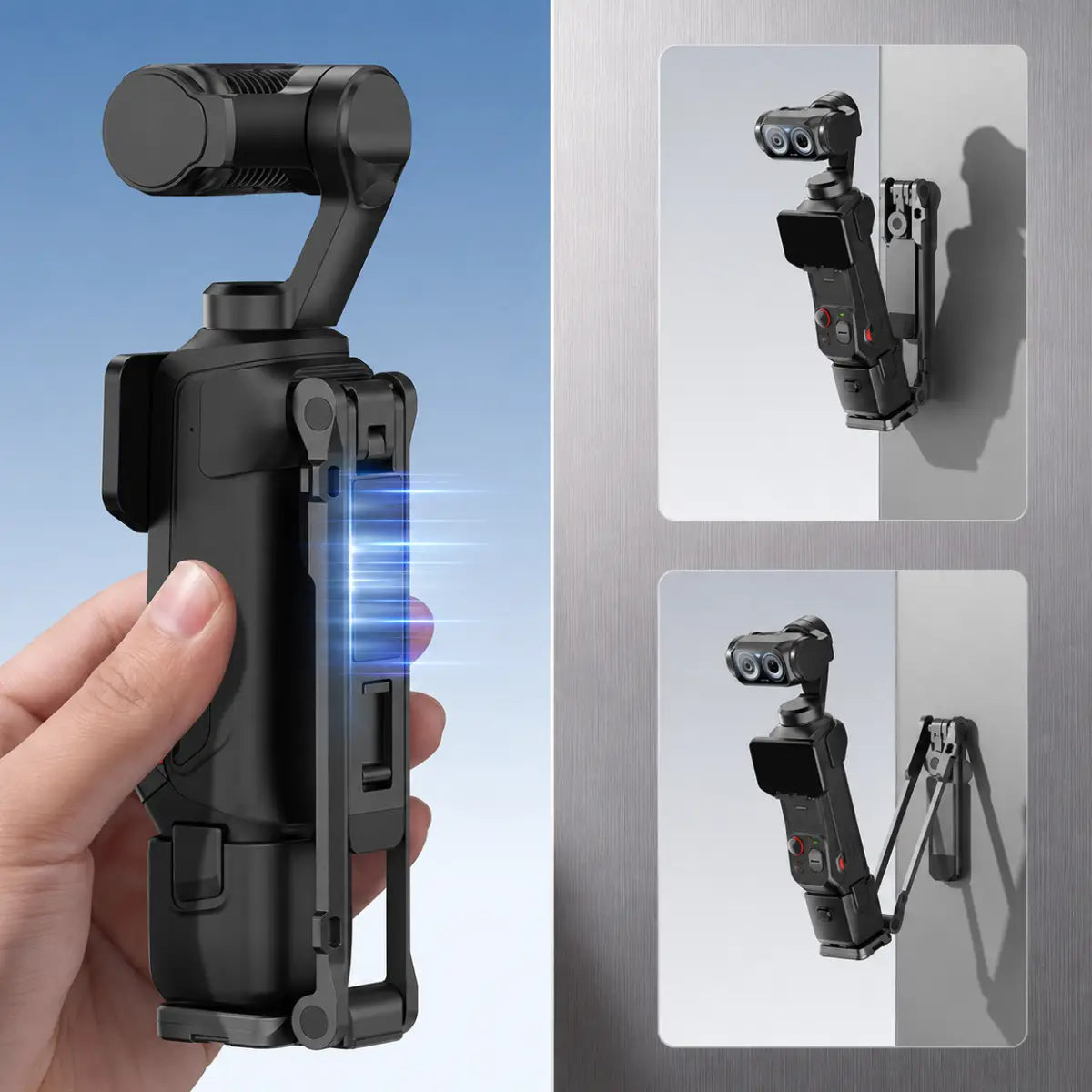 AeroFocus Insta360 Luna Ultra magnetic tripod attached to a compatible metal surface