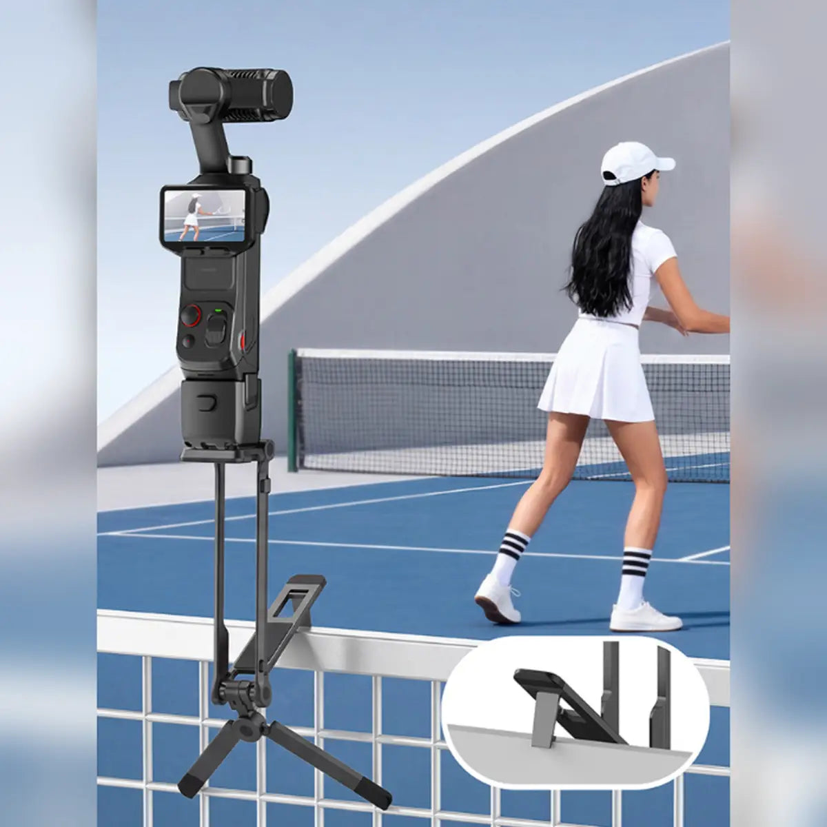 AeroFocus magnetic foldable tripod using the hidden hook for hanging camera shots