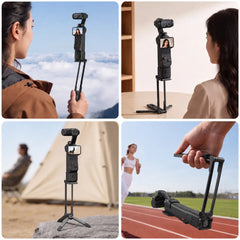 AeroFocus foldable tripod used in low-angle handheld grip mode with Insta360 Luna Ultra
