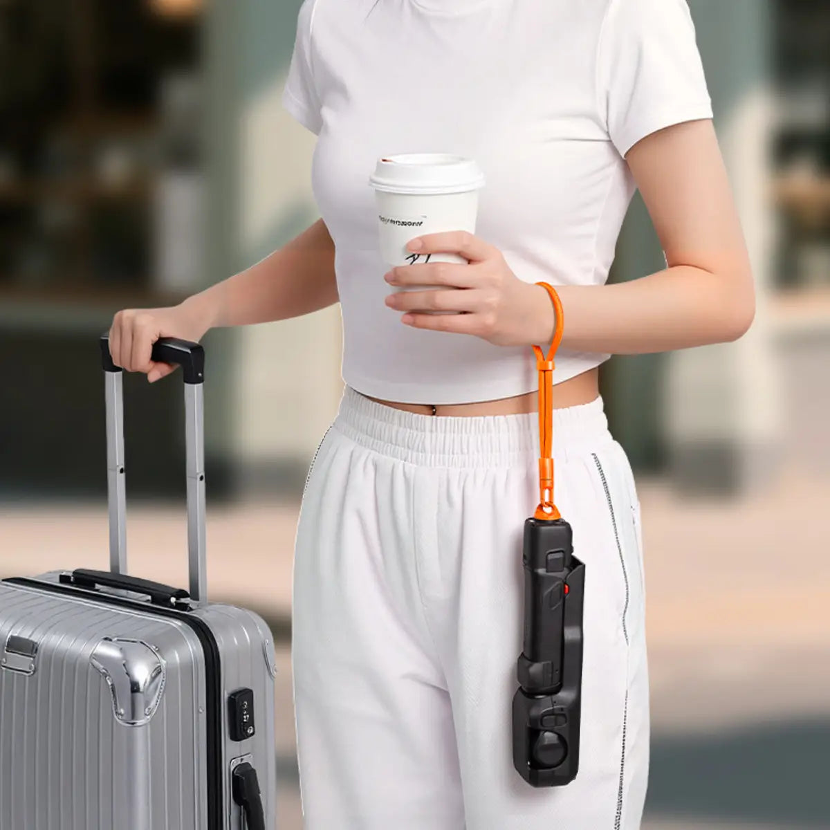 AeroFocus self-locking wrist strap for Insta360 Luna Ultra hanging naturally from the wrist while walking