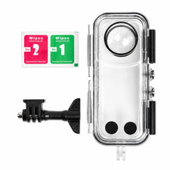 AeroFocus Insta360 X5 dive housing package contents with waterproof housing mounting accessories and cleaning wipe
