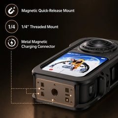 Bottom 1/4 inch and magnetic mounting interfaces on the Insta360 X6 cage