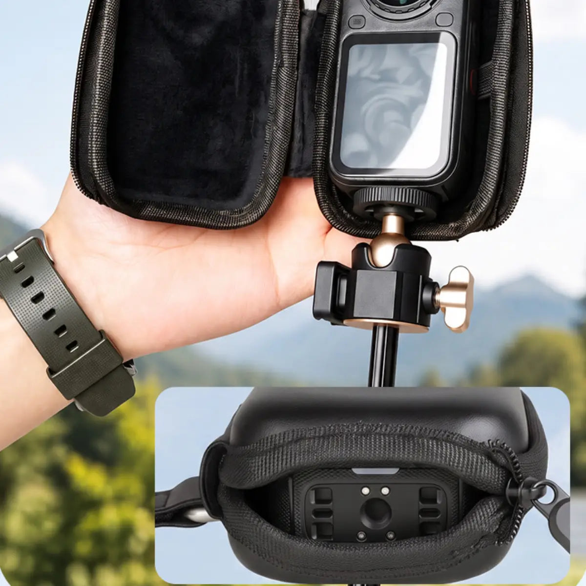 Half-open zipper design on the AeroFocus Insta360 X6 camera-only case