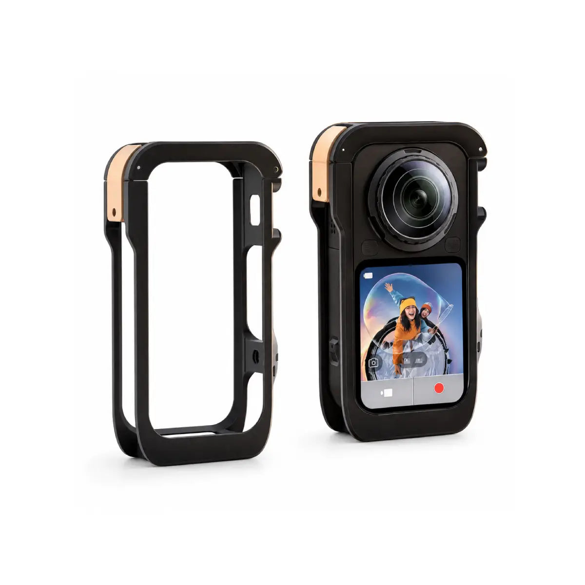 AeroFocus Insta360 X6 metal camera cage mounted on the camera