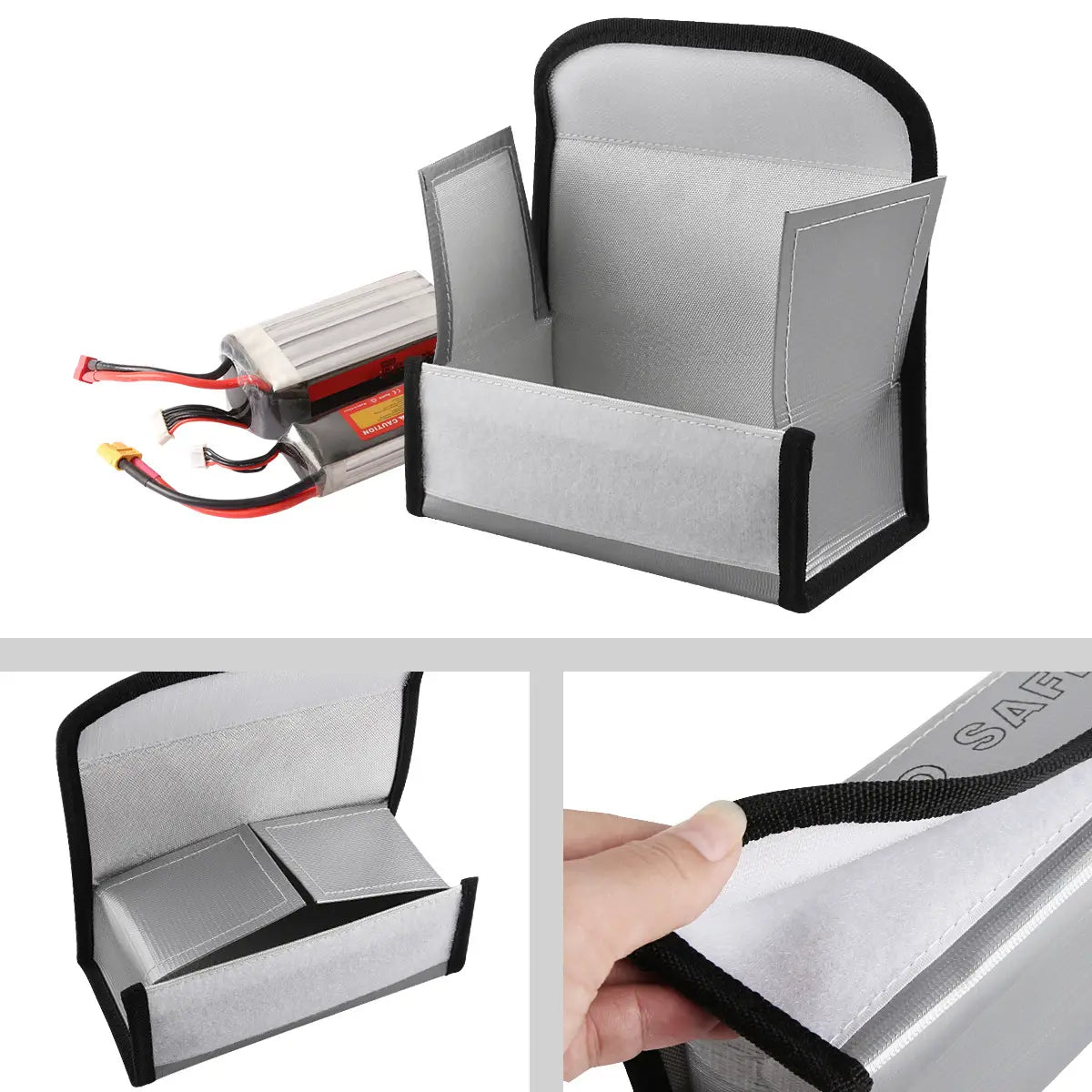 AeroFocus LiPo battery safe bag unfolded and folded view for battery storage