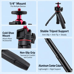 AeroFocus mini tripod showing the cold shoe mount, 1/4 inch screw and adjustable ball head