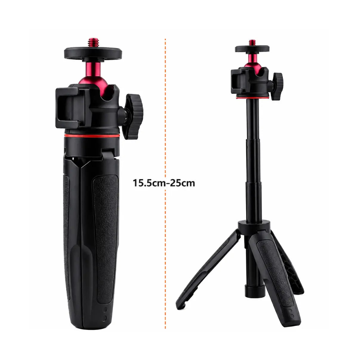 AeroFocus mini tripod measuring 15.5 cm folded and approximately 27 cm fully extended