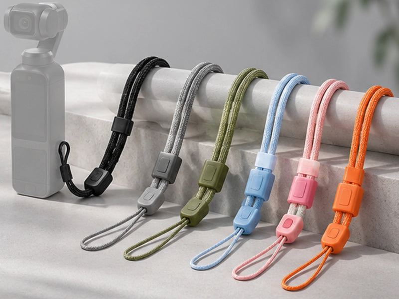 Camera accessory customization options featuring different colors for straps, zipper pulls and small accessory components.