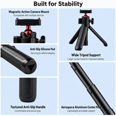 AeroFocus Osmo 360 magnetic tripod showing non-slip grip, wide legs and aluminum-alloy center pole