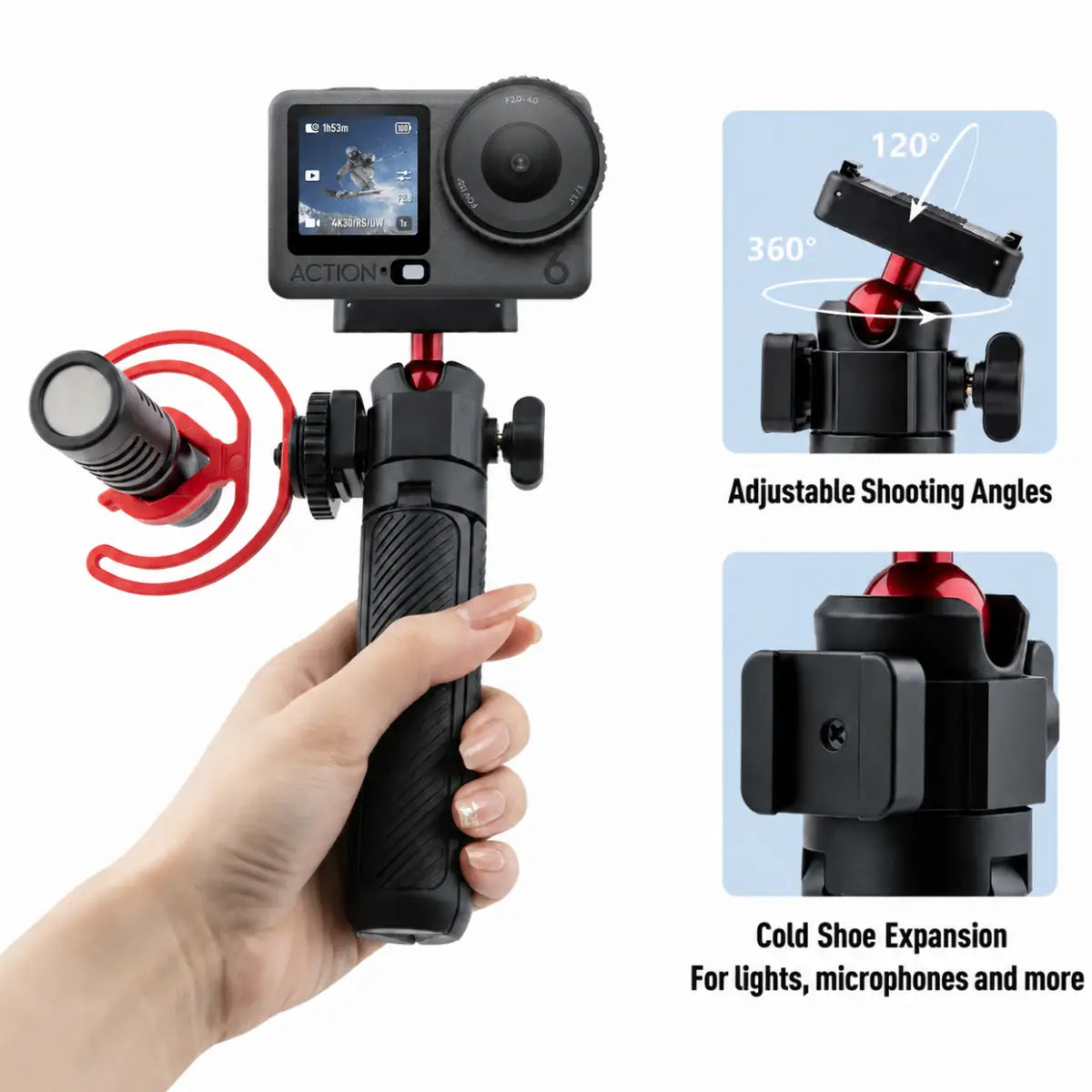 AeroFocus Osmo 360 mini tripod with cold shoe expansion and 360-degree adjustable head