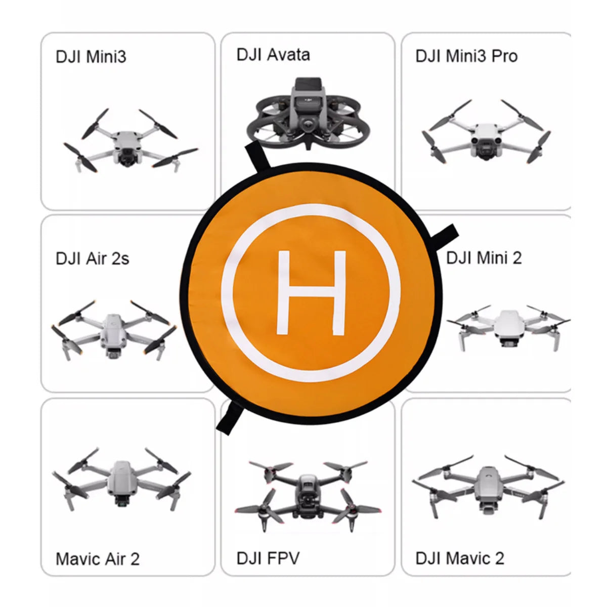 Compatibility chart for Aerofocus landing pad including DJI Mavic, Air, Mini, and Avata series