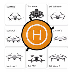 Compatibility chart for Aerofocus landing pad including DJI Mavic, Air, Mini, and Avata series