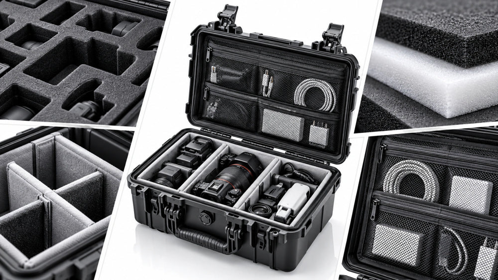 Custom protective case interior with precision foam inserts, divider layout and organized storage details for equipment protection.
